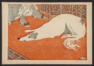 Hans Neumann (1873-1957) German Color Woodblock "Wolfhound at Woman's Feet" c1905