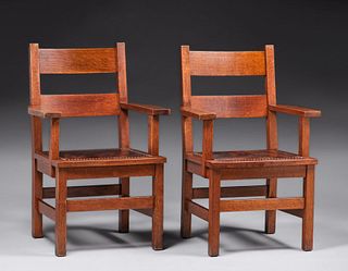 Pair Early Gustav Stickley #1304 Armchairs c1902