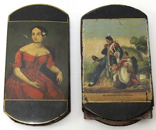 2 Painted Papier M-ch- Spectacle Cases, 19th C.