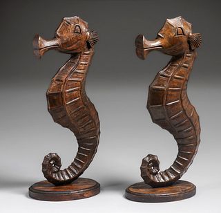 Pair Arts & Crafts Period Hand-Carved Seahorse Sculptures c1910