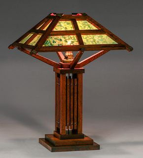 Prairie School Mahogany & Slag Glass Lamp c1910