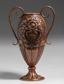 Aesthetic Movement Arts & Crafts Hammered Copper Two-Handled Repousse Vase c1895