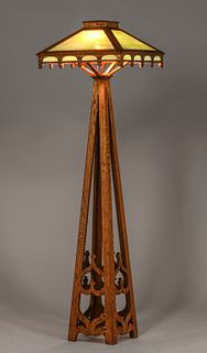 Rare W.B. Brown Oak & Slag Glass Standing Floor Lamp c1910