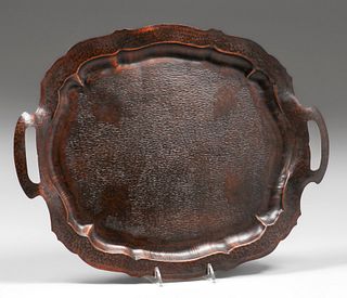 William H. Pohlmann (1872-1938) Hammered Copper Two-Handled Grapeleaf Radial Sillouette Tray c1905