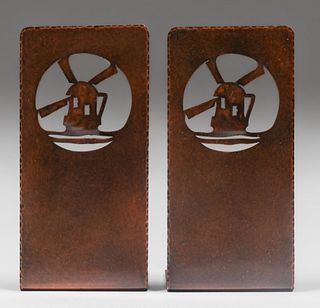 Forest Craft Guild Hammered Copper Windmill Cutout Bookends c1910