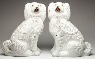ENGLISH STAFFORDSHIRE POTTERY SEATED SPANIEL FIGURES, PAIR