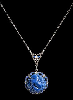 Arts & Crafts Period Sterling Silver, Enamel & Glass Lapis Pendant Necklace c1920s