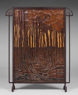 C.F.P. Roblin Hand-Forged Iron & Tooled Leather Fire Screen c1910s