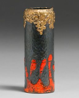 Arts & Crafts Modernist Hammered Copper & Enamel Cylinder c1950s