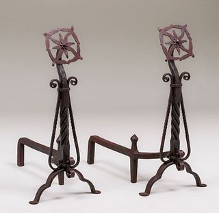 Pair Arts & Crafts Hand-Forged Iron Andirons c1910