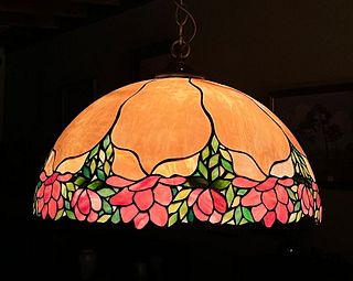 Arts & Crafts Water Lily Stained Glass 22"d Chandelier c1910