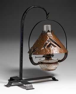 WPA era Hand-Forged Iron Hammered Copper Warty Cutout Kerosene Lamp 1934