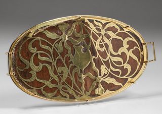 Art Nouveau Brass & Mahogany Tray c1905