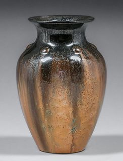Fulper Pottery Mirror Black & Orange Flambe Vase c1910s