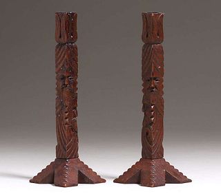 Pair Arts & Crafts hand-carved oak candlesticks c1910