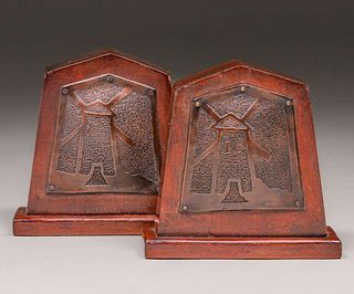 Arts & Crafts Hammered Copper & Mahogany Windmill Bookends c1910