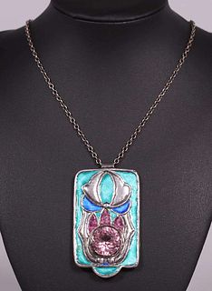 Eva Macomber, Boston Society of Arts & Crafts, Sterling Silver & Enamel Pendant Necklace c1910