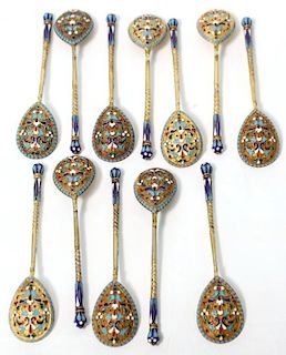 Set of 12 Russian Vermeil & Enamel Spoons