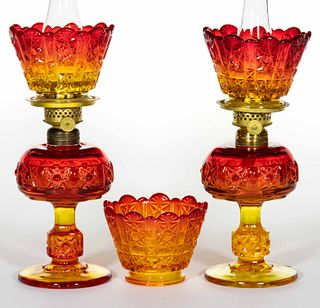 L. G. WRIGHT DAISY AND CUBE PAIR OF KEROSENE MINIATURE STAND LAMPS