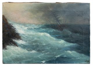 American School, Antique Oil on Canvas, Rocky Seas