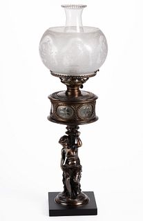 J. F. IDEN FIGURAL STEM KEROSENE STAND LAMP