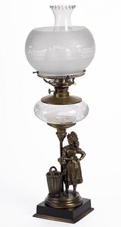 BRADLEY & HUBBARD NO. 1085B / WOMAN WITH FLOWERS AND BASKET FIGURAL STEM KEROSENE STAND LAMP