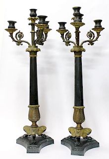 Pair Empire-Style Black & Gilt Bronze Candlesticks