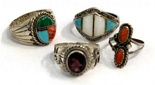 4 Native American Silver, Coral, & Turquoise Rings