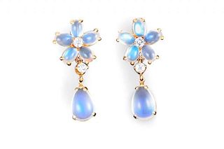 A Pair of Gold, Diamond and Moonstone Drop Earrings