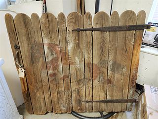 VINTAGE WOODEN GATE W. HORSE PTG W/ HAND WROUGHT HINGES 38"H X 45"W