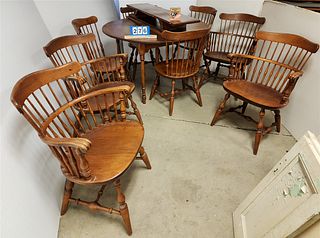 HICKORY 4'DIAM DINING TABLE W/3 LEAVES MADE BY M. BROWN FAIRMONT VT W/ 8 NICHOLAS & STONE MAPLE WINDSOR CHAIRS