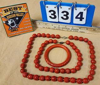 LOT 3PC CINNABAR BANGLE 2 NECKLACES 24" AND 16"