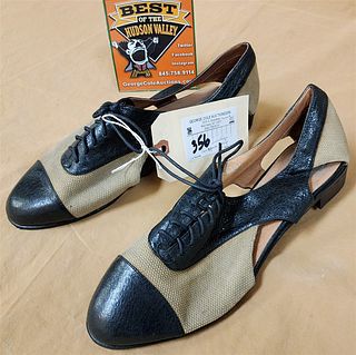 VINTAGE CAMPBELL IBIZA-CALIF. TAN FABRIC/BLACK LEATHER SIZE 40? FROM ROGER ROSS & ERIC BONGARTZ COLL. 5% PROCEEDS GO TO ELLENVILLE HOSPITAL FOUNDATION