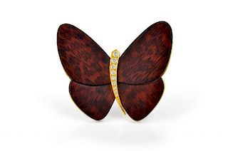 A 1950s Van Cleef & Arpels Gold, Diamond and Wood Butterfly Brooch