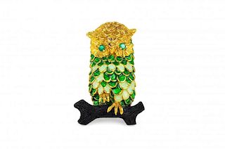 A Gold, Emerald, Enamel and Wood Owl Brooch