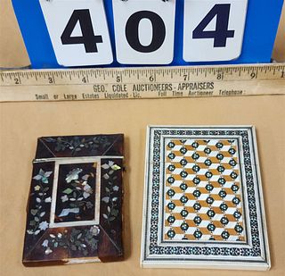 LOT 2 CARD CASES-19THc FAUX TORTOISE SHELL & MOP 3 3/4" X 2 1/2" & MID EAST INLAY 4" X 3 1/4"