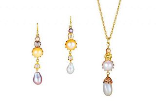 A Gold, Diamond and Natural Pearl Earrings and Necklace