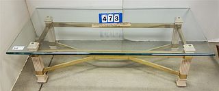WOOD & BRASS GLASS TOP COFFEE TABLE (CHIPS ON ONE END) 15 1/2" X 54"W X 25 1/2"D