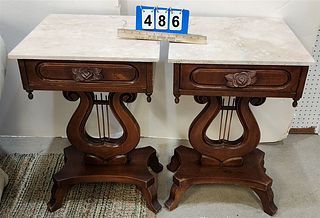 PR. MAGH LYRE BASE 1 DRAWER STANDS W/REPLACEDTRAVERTINE TOPS 27"HX18"SQ