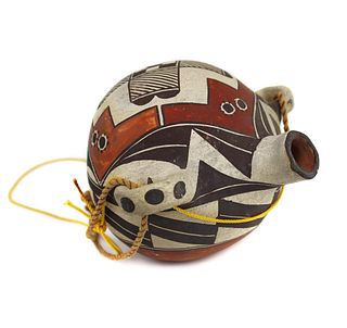 Acoma/Laguna Pueblo Four-Color Canteen with Leather Strap c. 1890s, 4.75" x 6" x 6.5" (P3673)