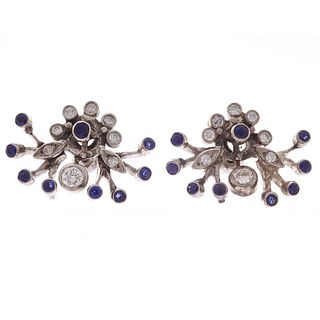 Pair of Diamond, Sapphire, 14k White Gold Earrings