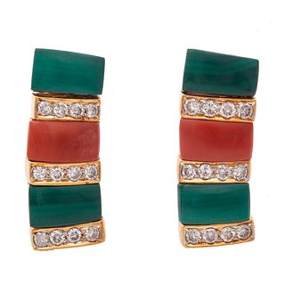 Pair of Diamond, Coral, Malachite, 18k Earrings