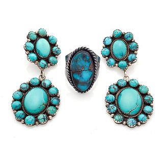 Pair of Navajo Turquoise, Sterling Silver Earrings and Ring