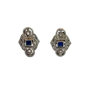 Art Deco 18k Gold Earrings with Diamonds and Sapphires