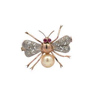 18k gold & Platinum bug Brooch with Diamonds & Pearl