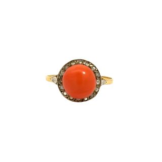 Coral & Diamonds Antique 18k Gold Ring 