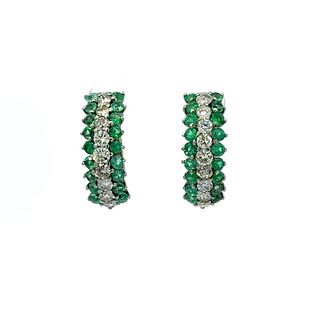 3.75 Ctw in Diamonds & Emeralds 18k Gold Hoops Earrings