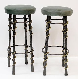 Pair of Wrought Iron & Butter Leather Bar Stools