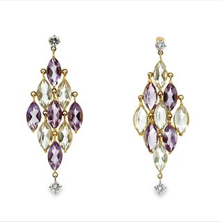 Amethyst, Aquamarine & Diamonds Dangling Earrings in 18k Gold