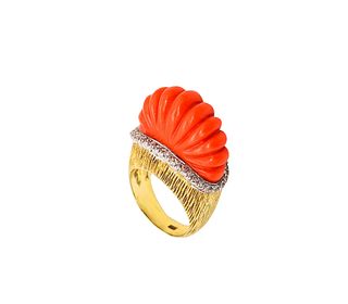 Italian Cocktail Ring In 18K Gold With 23.5 Ctw In Diamonds & Coral